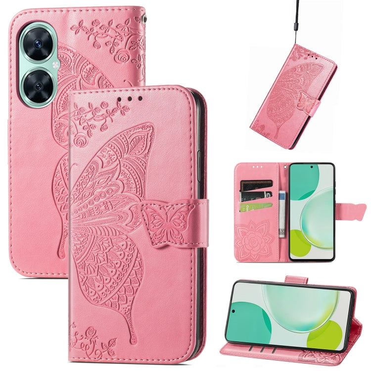 Custodia per telefono in pelle con flip in rilievo con fiore farfalla amore, For Huawei nova 11i / Enjoy 60 Pro