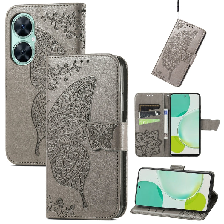 Custodia per telefono in pelle con flip in rilievo con fiore farfalla amore, For Huawei nova 11i / Enjoy 60 Pro