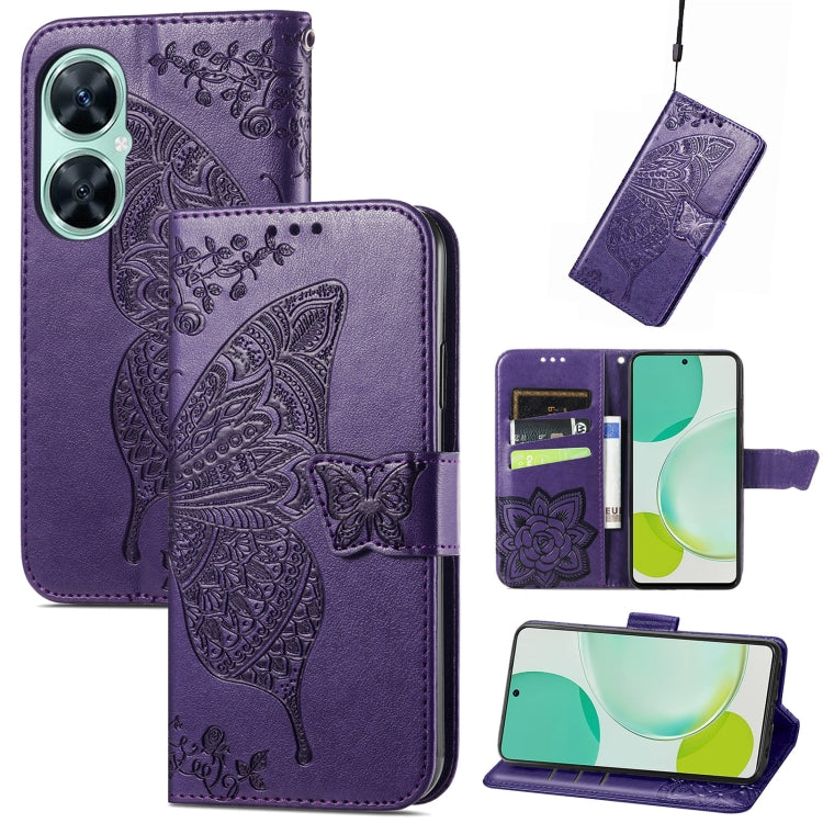 Custodia per telefono in pelle con flip in rilievo con fiore farfalla amore, For Huawei nova 11i / Enjoy 60 Pro
