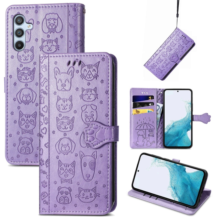 Custodia per telefono in pelle goffrata gatto e cane, For Samsung Galaxy A54 5G