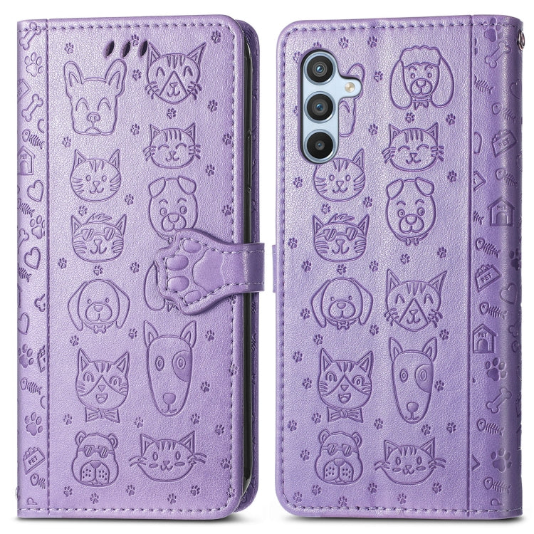 Custodia per telefono in pelle goffrata gatto e cane, For Samsung Galaxy A54 5G