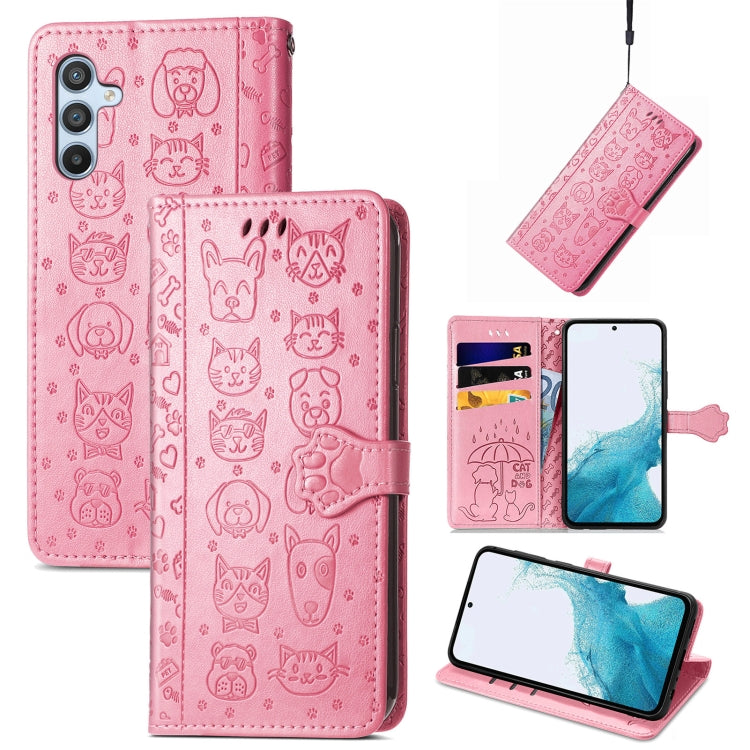 Custodia per telefono in pelle goffrata gatto e cane, For Samsung Galaxy A54 5G