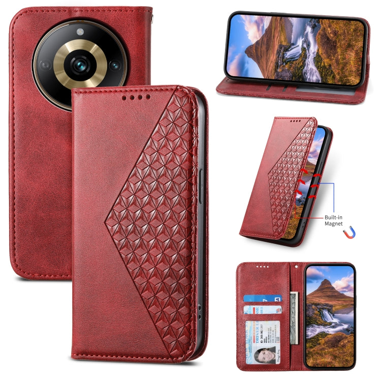 Custodia per telefono in pelle magnetica con struttura in vitello a griglia cubica, For Realme 11 Pro