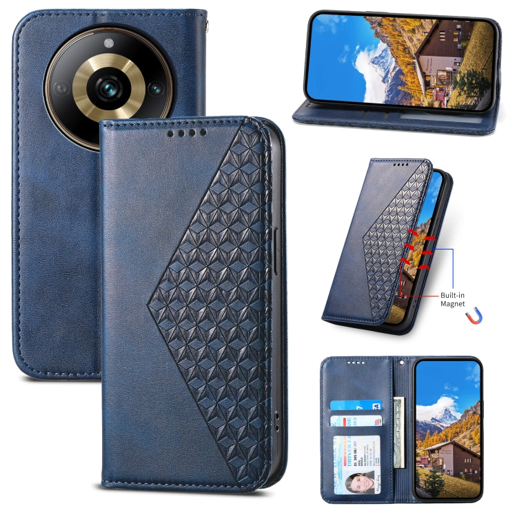 Custodia per telefono in pelle magnetica con struttura in vitello a griglia cubica, For Realme 11 Pro
