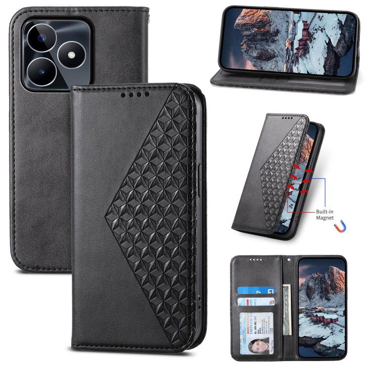 Custodia per telefono in pelle magnetica con struttura in vitello a griglia cubica, For Realme 12 Pro+, For Realme 11 4G, For Realme 11 5G, For Realme C53