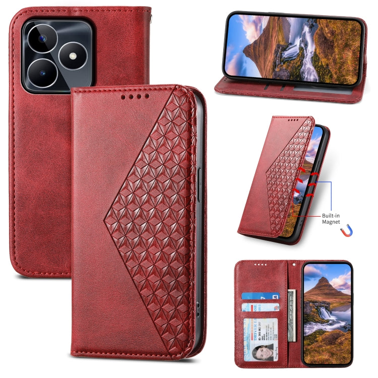 Custodia per telefono in pelle magnetica con struttura in vitello a griglia cubica, For Realme 12 Pro+, For Realme 11 4G, For Realme 11 5G, For Realme C53