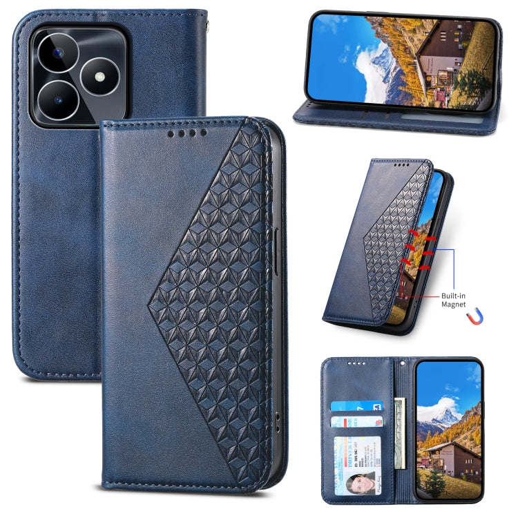 Custodia per telefono in pelle magnetica con struttura in vitello a griglia cubica, For Realme 12 Pro+, For Realme 11 4G, For Realme 11 5G, For Realme C53