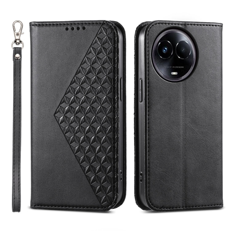 Custodia per telefono in pelle magnetica con struttura in vitello a griglia cubica, For Realme 12 Pro+, For Realme 11 4G, For Realme 11 5G, For Realme C53