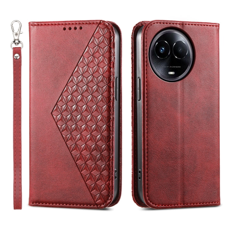 Custodia per telefono in pelle magnetica con struttura in vitello a griglia cubica, For Realme 12 Pro+, For Realme 11 4G, For Realme 11 5G, For Realme C53