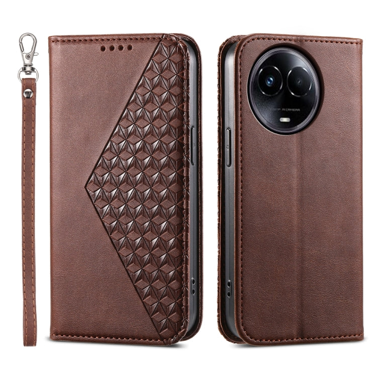 Custodia per telefono in pelle magnetica con struttura in vitello a griglia cubica, For Realme 12 Pro+, For Realme 11 4G, For Realme 11 5G, For Realme C53