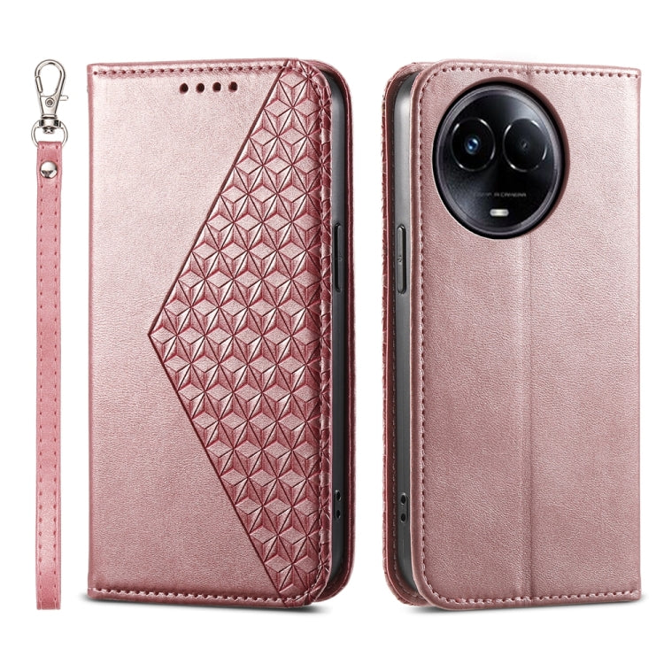 Custodia per telefono in pelle magnetica con struttura in vitello a griglia cubica, For Realme 12 Pro+, For Realme 11 4G, For Realme 11 5G, For Realme C53