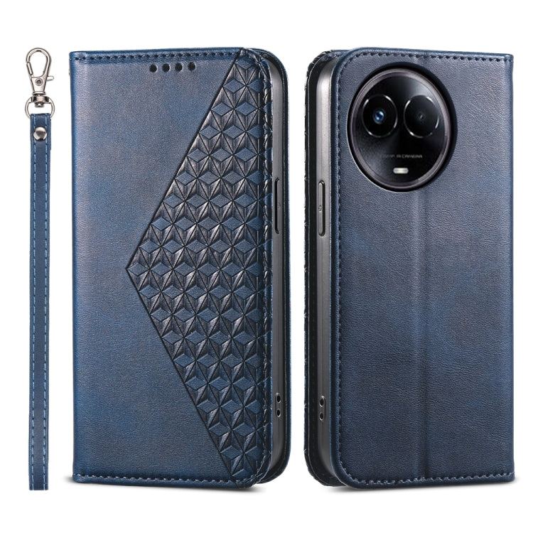 Custodia per telefono in pelle magnetica con struttura in vitello a griglia cubica, For Realme 12 Pro+, For Realme 11 4G, For Realme 11 5G, For Realme C53