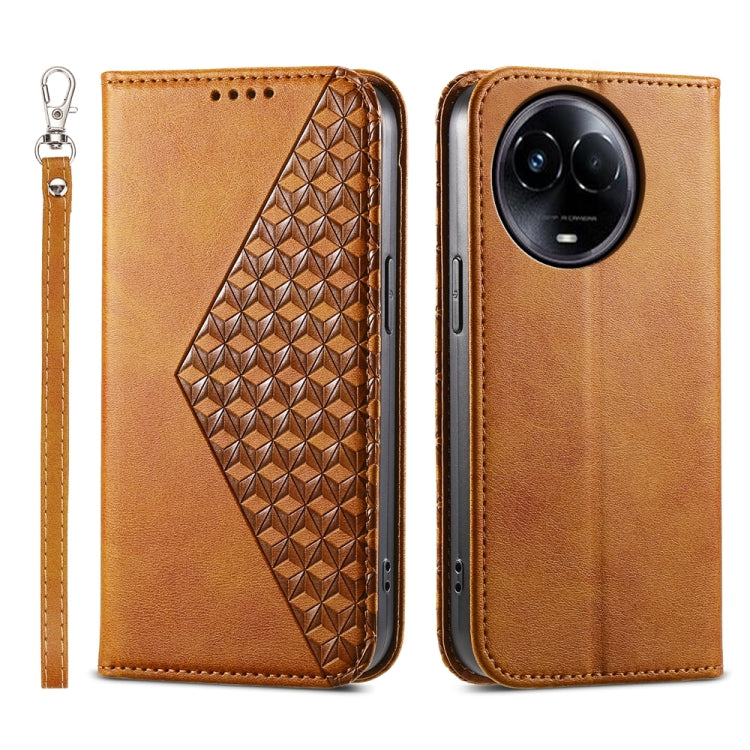 Custodia per telefono in pelle magnetica con struttura in vitello a griglia cubica, For Realme 12 Pro+, For Realme 11 4G, For Realme 11 5G, For Realme C53
