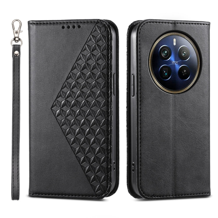 Custodia per telefono in pelle magnetica con struttura in vitello a griglia cubica, For Realme 12 Pro+, For Realme 11 4G, For Realme 11 5G, For Realme C53