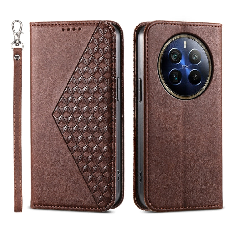 Custodia per telefono in pelle magnetica con struttura in vitello a griglia cubica, For Realme 12 Pro+, For Realme 11 4G, For Realme 11 5G, For Realme C53
