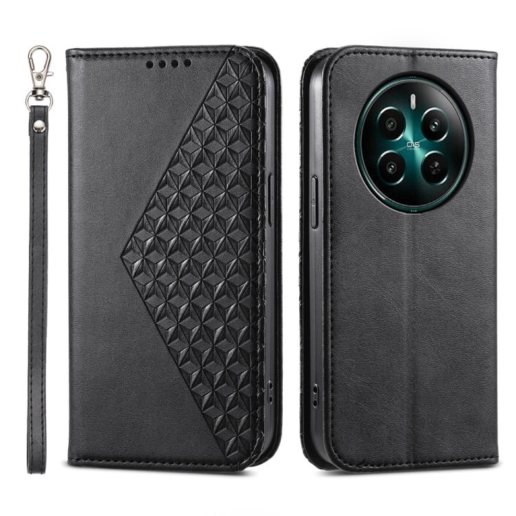 Custodia per telefono in pelle magnetica con struttura in vitello a griglia cubica, For Realme 13 Pro / 13 Pro+ Global, For Realme GT 6 Global, For Realme 12 5G, For Realme 12+
