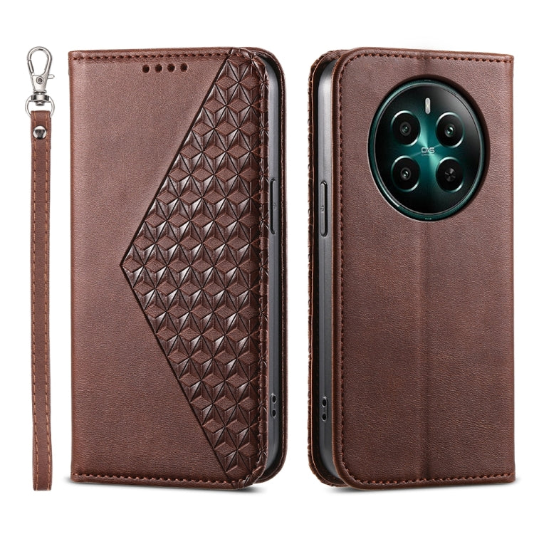 Custodia per telefono in pelle magnetica con struttura in vitello a griglia cubica, For Realme 13 Pro / 13 Pro+ Global, For Realme GT 6 Global, For Realme 12 5G, For Realme 12+