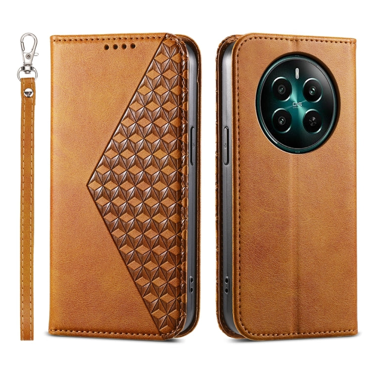 Custodia per telefono in pelle magnetica con struttura in vitello a griglia cubica, For Realme 13 Pro / 13 Pro+ Global, For Realme GT 6 Global, For Realme 12 5G, For Realme 12+