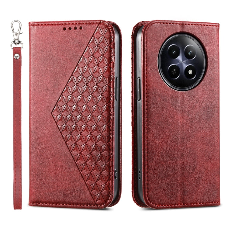 Custodia per telefono in pelle magnetica con struttura in vitello a griglia cubica, For Realme 13 Pro / 13 Pro+ Global, For Realme GT 6 Global, For Realme 12 5G, For Realme 12+