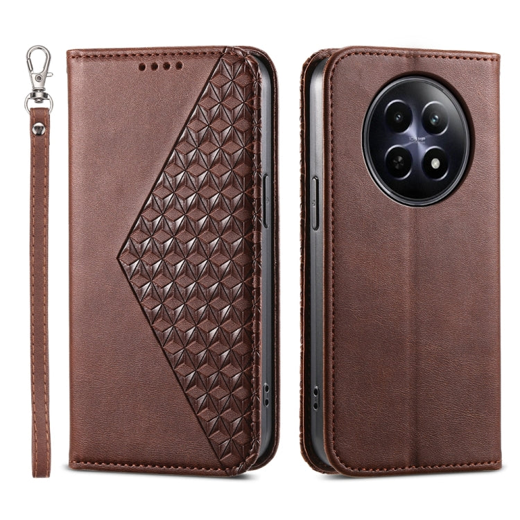 Custodia per telefono in pelle magnetica con struttura in vitello a griglia cubica, For Realme 13 Pro / 13 Pro+ Global, For Realme GT 6 Global, For Realme 12 5G, For Realme 12+