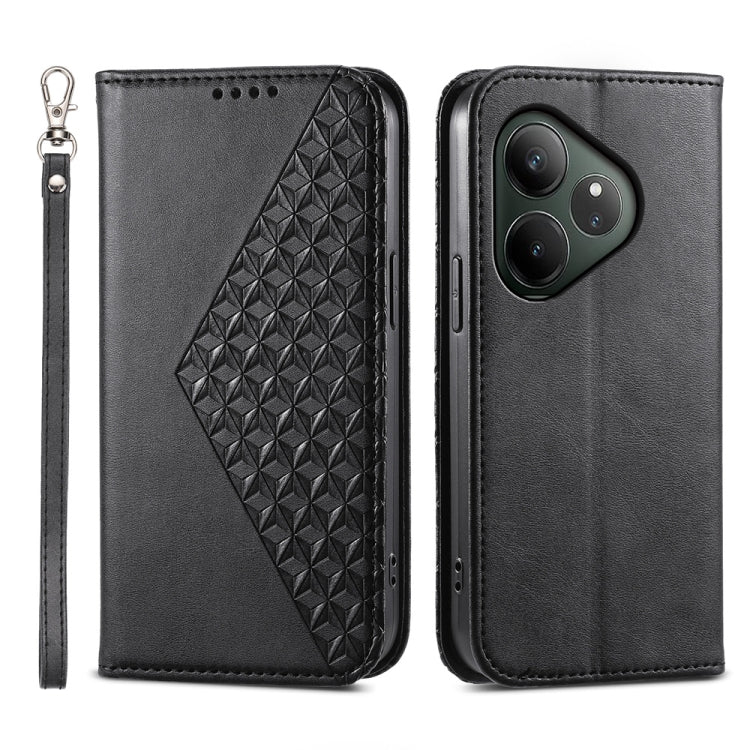 Custodia per telefono in pelle magnetica con struttura in vitello a griglia cubica, For Realme 13 Pro / 13 Pro+ Global, For Realme GT 6 Global, For Realme 12 5G, For Realme 12+