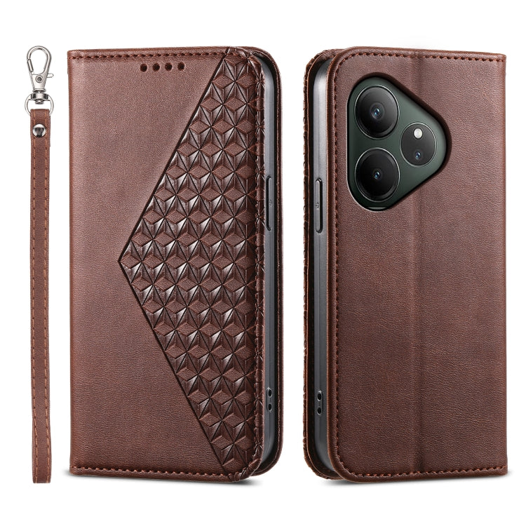 Custodia per telefono in pelle magnetica con struttura in vitello a griglia cubica, For Realme 13 Pro / 13 Pro+ Global, For Realme GT 6 Global, For Realme 12 5G, For Realme 12+