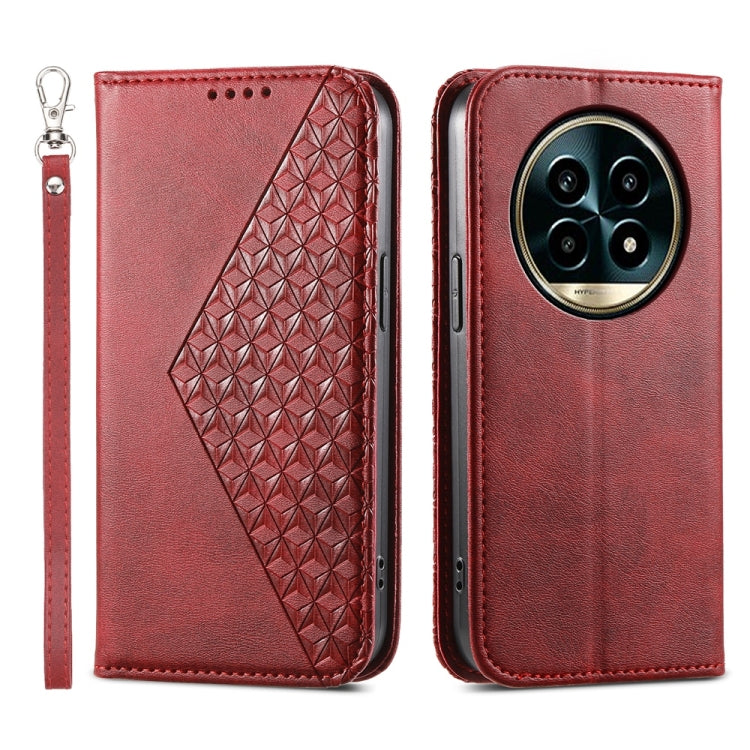 Custodia per telefono in pelle magnetica con struttura in vitello a griglia cubica, For Realme 13 Pro / 13 Pro+ Global, For Realme GT 6 Global, For Realme 12 5G, For Realme 12+