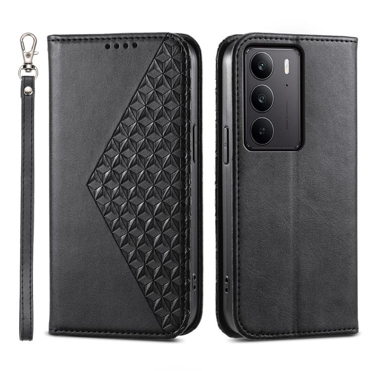 Custodia per telefono in pelle magnetica con struttura in vitello a griglia cubica, For Realme 14 Pro+, For Realme 14 Pro, For Realme C75 / Realme 14x, For Realme 13+