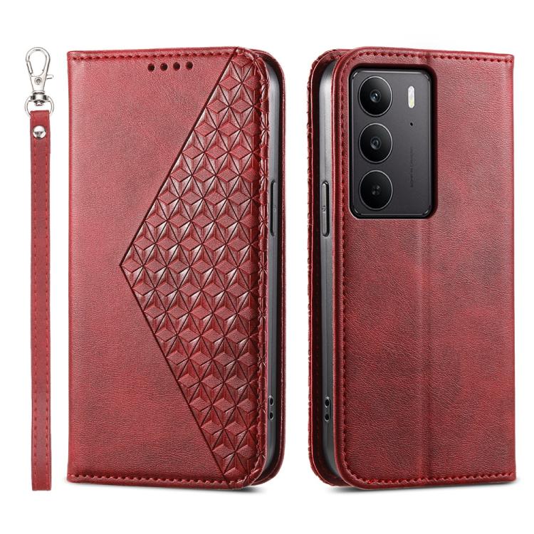 Custodia per telefono in pelle magnetica con struttura in vitello a griglia cubica, For Realme 14 Pro+, For Realme 14 Pro, For Realme C75 / Realme 14x, For Realme 13+