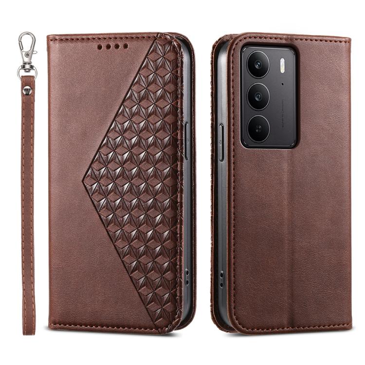 Custodia per telefono in pelle magnetica con struttura in vitello a griglia cubica, For Realme 14 Pro+, For Realme 14 Pro, For Realme C75 / Realme 14x, For Realme 13+