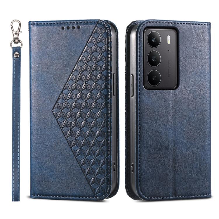 Custodia per telefono in pelle magnetica con struttura in vitello a griglia cubica, For Realme 14 Pro+, For Realme 14 Pro, For Realme C75 / Realme 14x, For Realme 13+