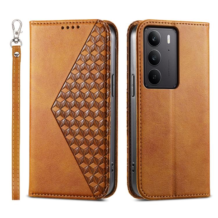 Custodia per telefono in pelle magnetica con struttura in vitello a griglia cubica, For Realme 14 Pro+, For Realme 14 Pro, For Realme C75 / Realme 14x, For Realme 13+