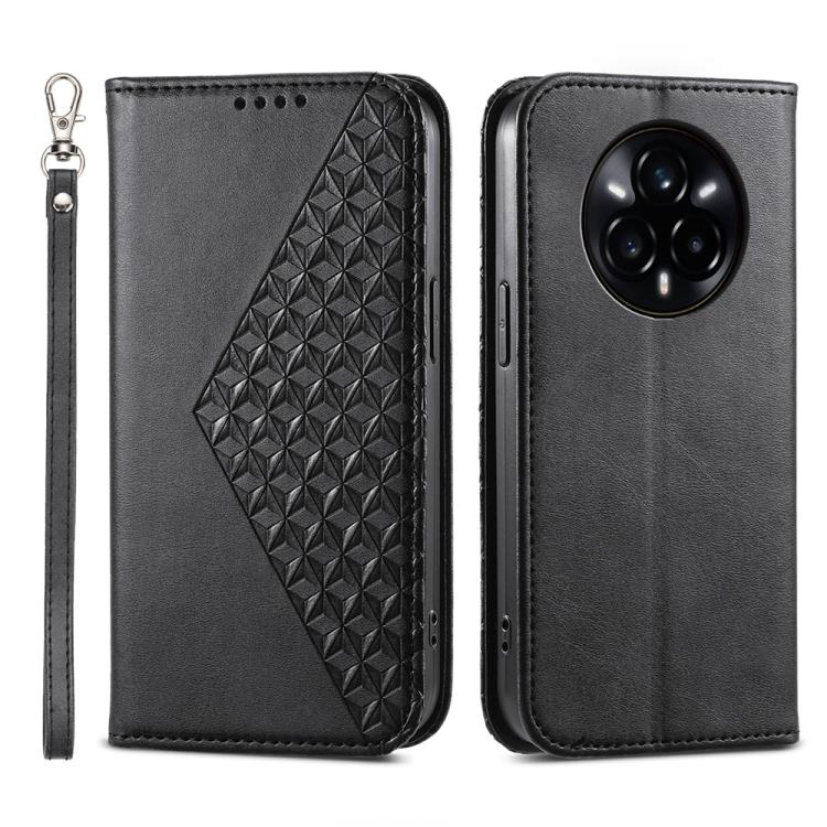 Custodia per telefono in pelle magnetica con struttura in vitello a griglia cubica, For Realme 14 Pro+, For Realme 14 Pro, For Realme C75 / Realme 14x, For Realme 13+