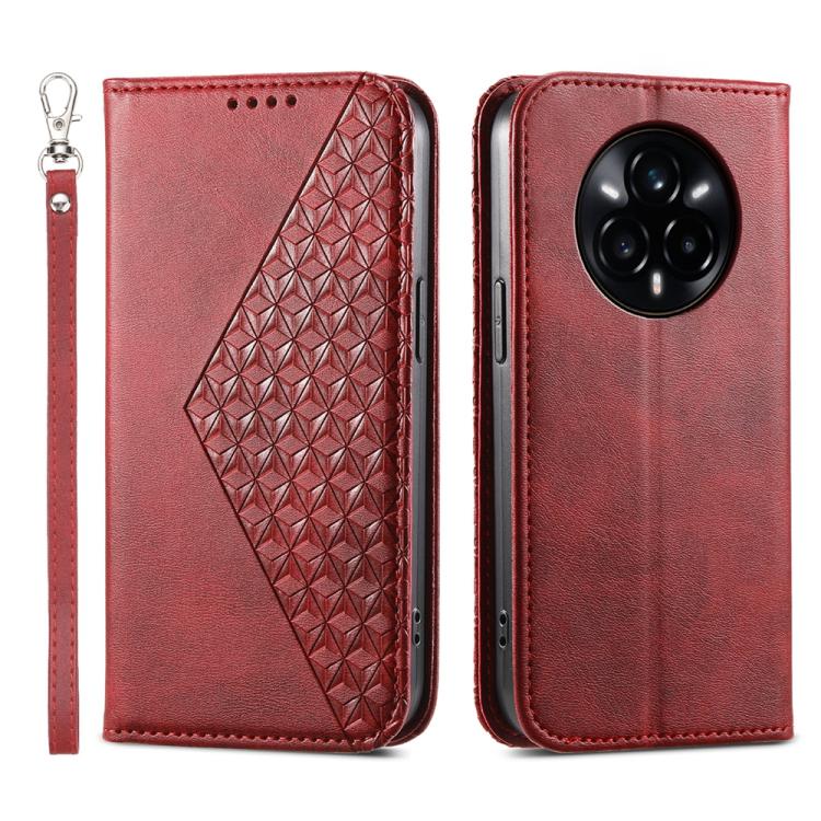 Custodia per telefono in pelle magnetica con struttura in vitello a griglia cubica, For Realme 14 Pro+, For Realme 14 Pro, For Realme C75 / Realme 14x, For Realme 13+