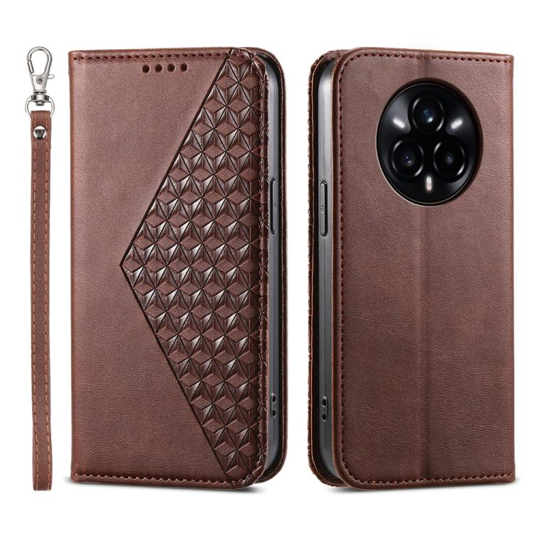 Custodia per telefono in pelle magnetica con struttura in vitello a griglia cubica, For Realme 14 Pro+, For Realme 14 Pro, For Realme C75 / Realme 14x, For Realme 13+