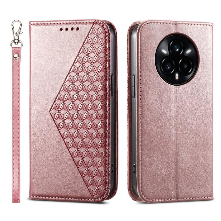 Custodia per telefono in pelle magnetica con struttura in vitello a griglia cubica, For Realme 14 Pro+, For Realme 14 Pro, For Realme C75 / Realme 14x, For Realme 13+