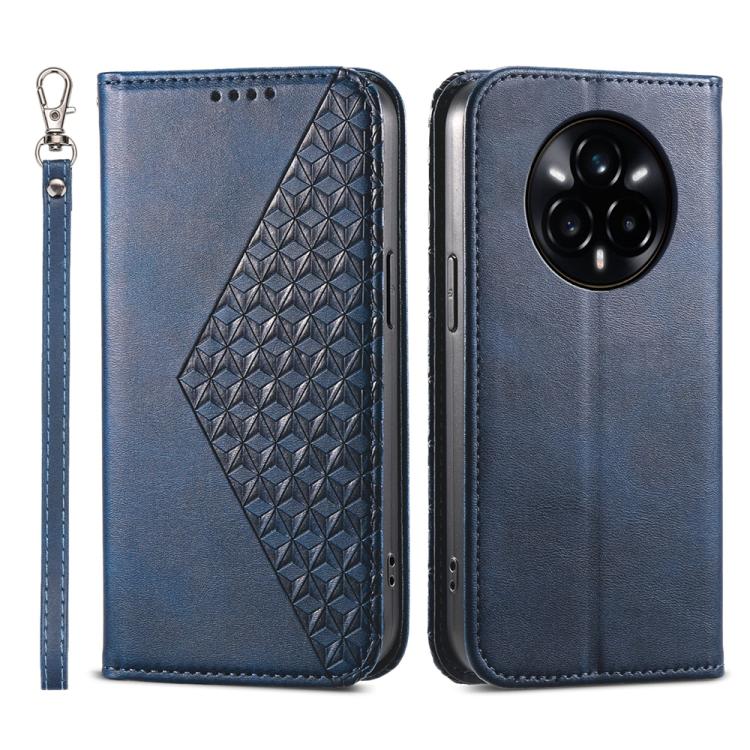 Custodia per telefono in pelle magnetica con struttura in vitello a griglia cubica, For Realme 14 Pro+, For Realme 14 Pro, For Realme C75 / Realme 14x, For Realme 13+
