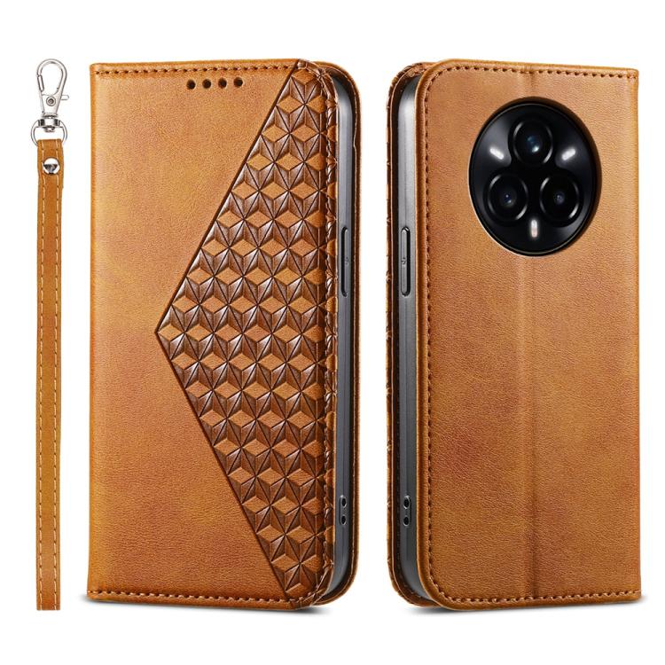 Custodia per telefono in pelle magnetica con struttura in vitello a griglia cubica, For Realme 14 Pro+, For Realme 14 Pro, For Realme C75 / Realme 14x, For Realme 13+