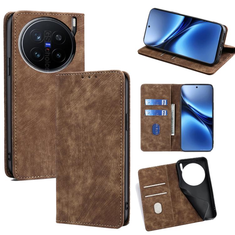 Custodia per telefono in pelle magnetica con spazzola antifurto RFID, For vivo Y29s 5G / Y04 4G, For vivo Y29 4G Global, For vivo V50 5G, For vivo X200 Pro 5G