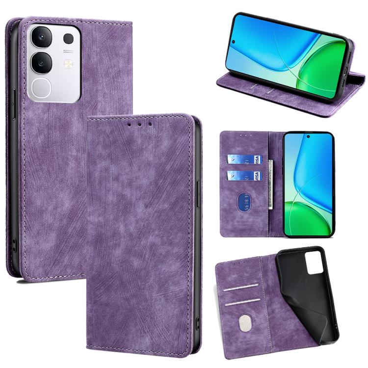 Custodia per telefono in pelle magnetica con spazzola antifurto RFID, For vivo Y29s 5G / Y04 4G, For vivo Y29 4G Global, For vivo V50 5G, For vivo X200 Pro 5G
