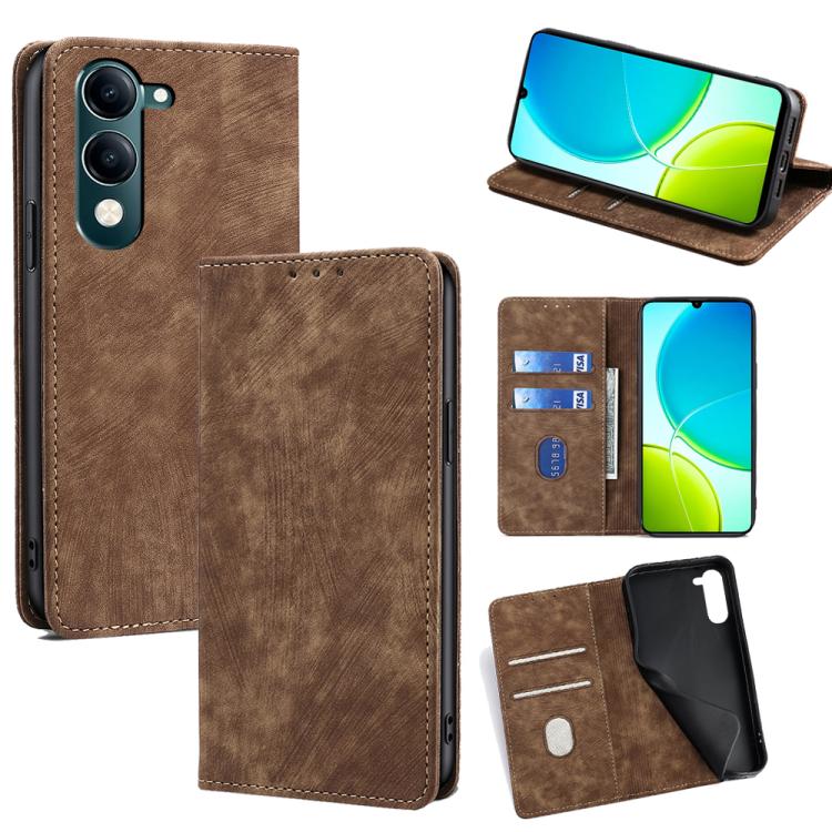 Custodia per telefono in pelle magnetica con spazzola antifurto RFID, For vivo Y29s 5G / Y04 4G, For vivo Y29 4G Global, For vivo V50 5G, For vivo X200 Pro 5G