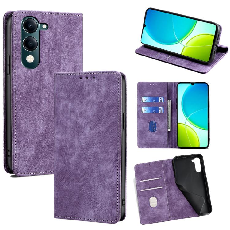 Custodia per telefono in pelle magnetica con spazzola antifurto RFID, For vivo Y29s 5G / Y04 4G, For vivo Y29 4G Global, For vivo V50 5G, For vivo X200 Pro 5G