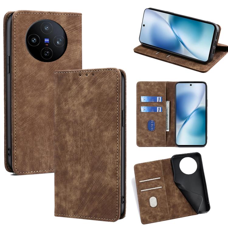 Custodia per telefono in pelle magnetica con spazzola antifurto RFID, For vivo iQOO Neo 10 5G Global, For vivo X200s 5G, For vivo Y39 5G Global, For vivo V50 Lite 5G