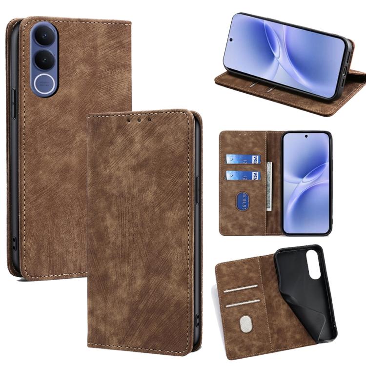 Custodia per telefono in pelle magnetica con spazzola antifurto RFID, For vivo X300s 5G, For vivo V70 FE 5G, For vivo Y05 4G, For vivo Y500i 5G