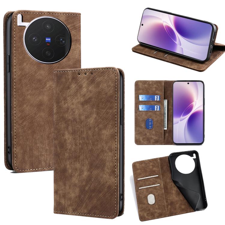 Custodia per telefono in pelle magnetica con spazzola antifurto RFID, For vivo X300s 5G, For vivo V70 FE 5G, For vivo Y05 4G, For vivo Y500i 5G