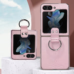 Custodia per telefono in pelle goffrata elettrolitica con anello, For Samsung Galaxy Z Flip5, For Samsung Galaxy Z Flip4