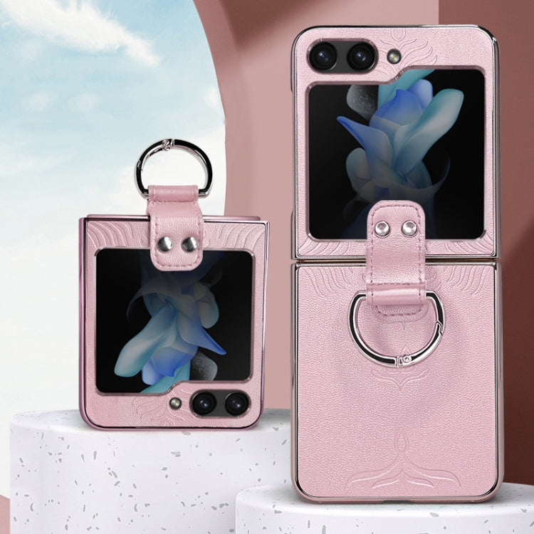 Custodia per telefono in pelle goffrata elettrolitica con anello, For Samsung Galaxy Z Flip5, For Samsung Galaxy Z Flip4
