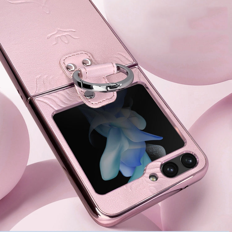 Custodia per telefono in pelle goffrata elettrolitica con anello, For Samsung Galaxy Z Flip5, For Samsung Galaxy Z Flip4