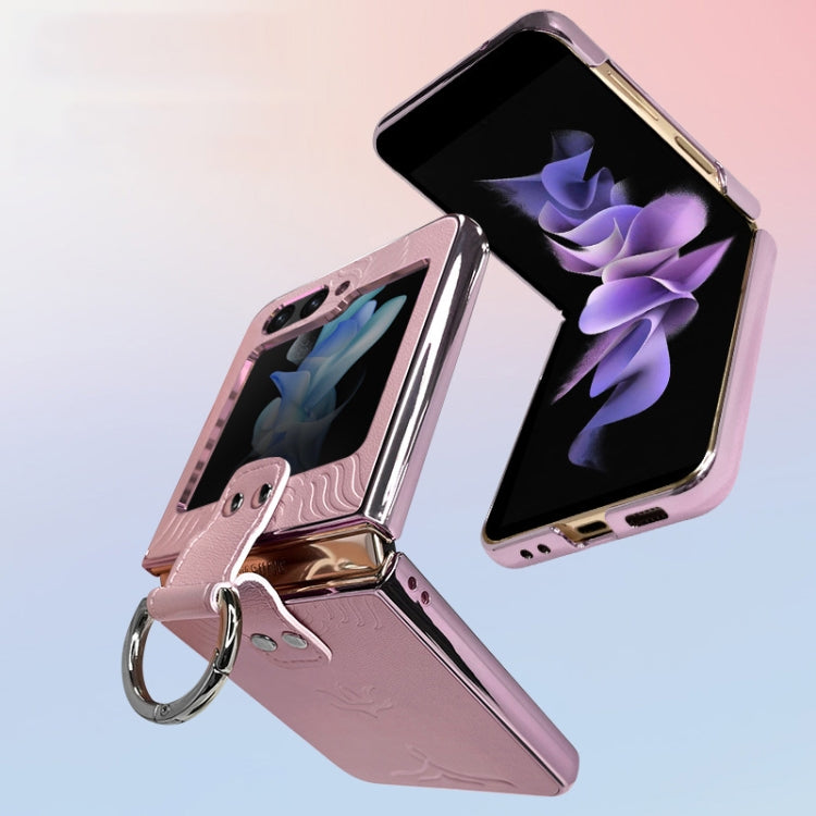 Custodia per telefono in pelle goffrata elettrolitica con anello, For Samsung Galaxy Z Flip5, For Samsung Galaxy Z Flip4