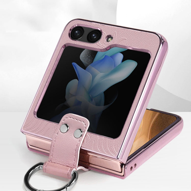 Custodia per telefono in pelle goffrata elettrolitica con anello, For Samsung Galaxy Z Flip5, For Samsung Galaxy Z Flip4